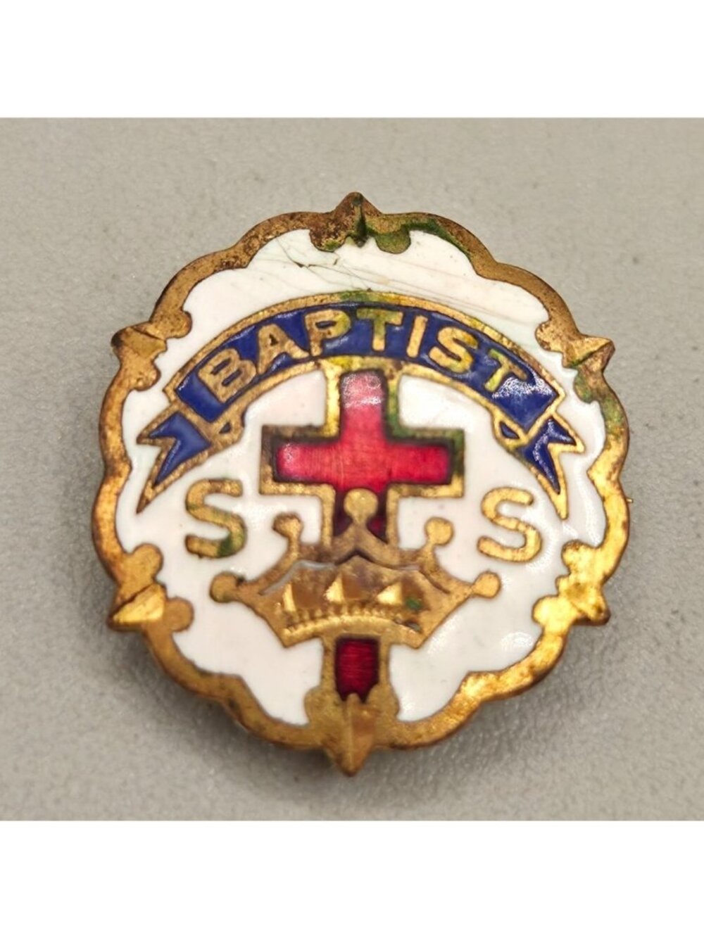 Vintage Baptist Cross and Crown Sunday School Pin Little System Gold Tone